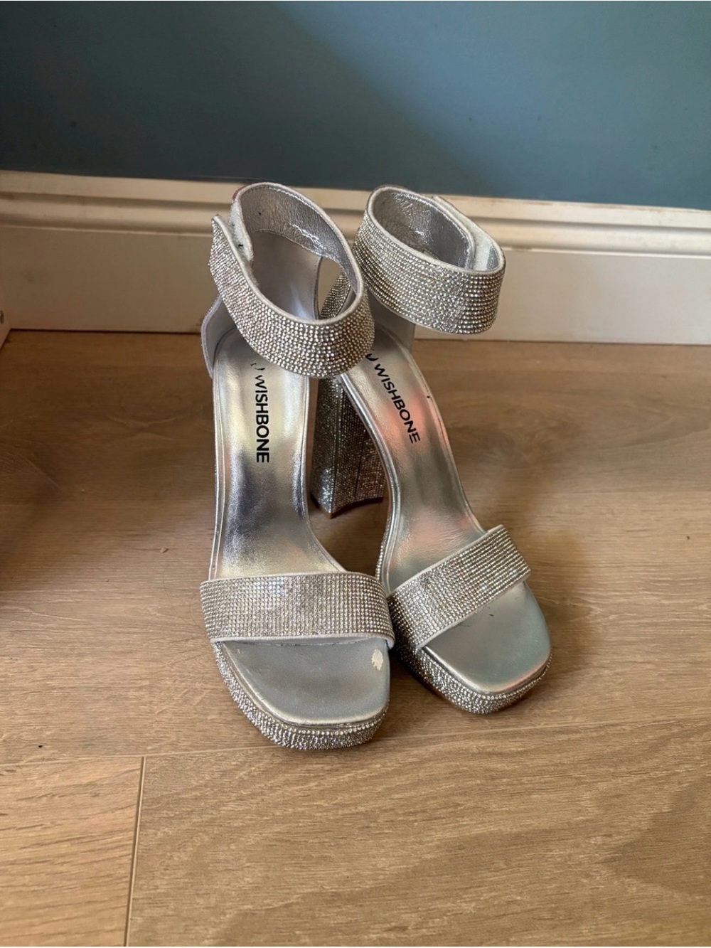 Wishbone Silver Rhinestone Platform Block Heels - Picture 3 of 3